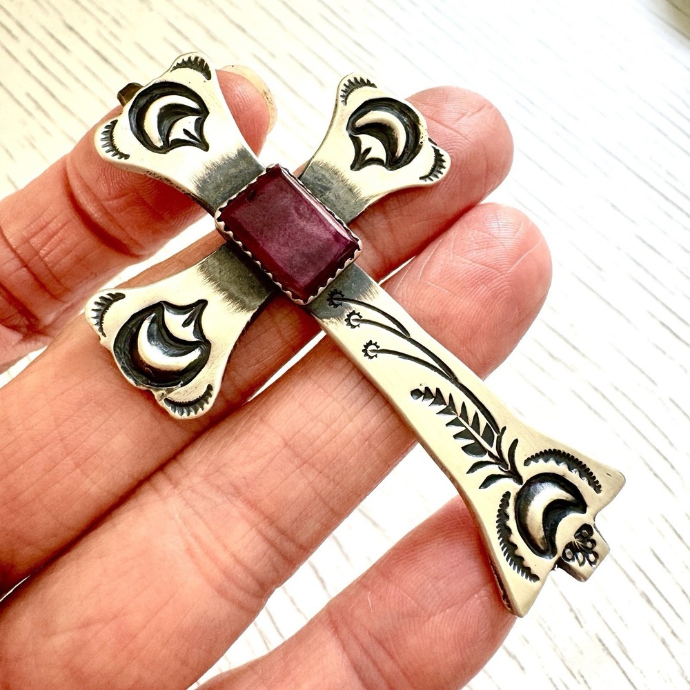 Navajo Cross Pendant 2.7in Purple Spiny Oyster Yucca Sterling V Cayancito Signed